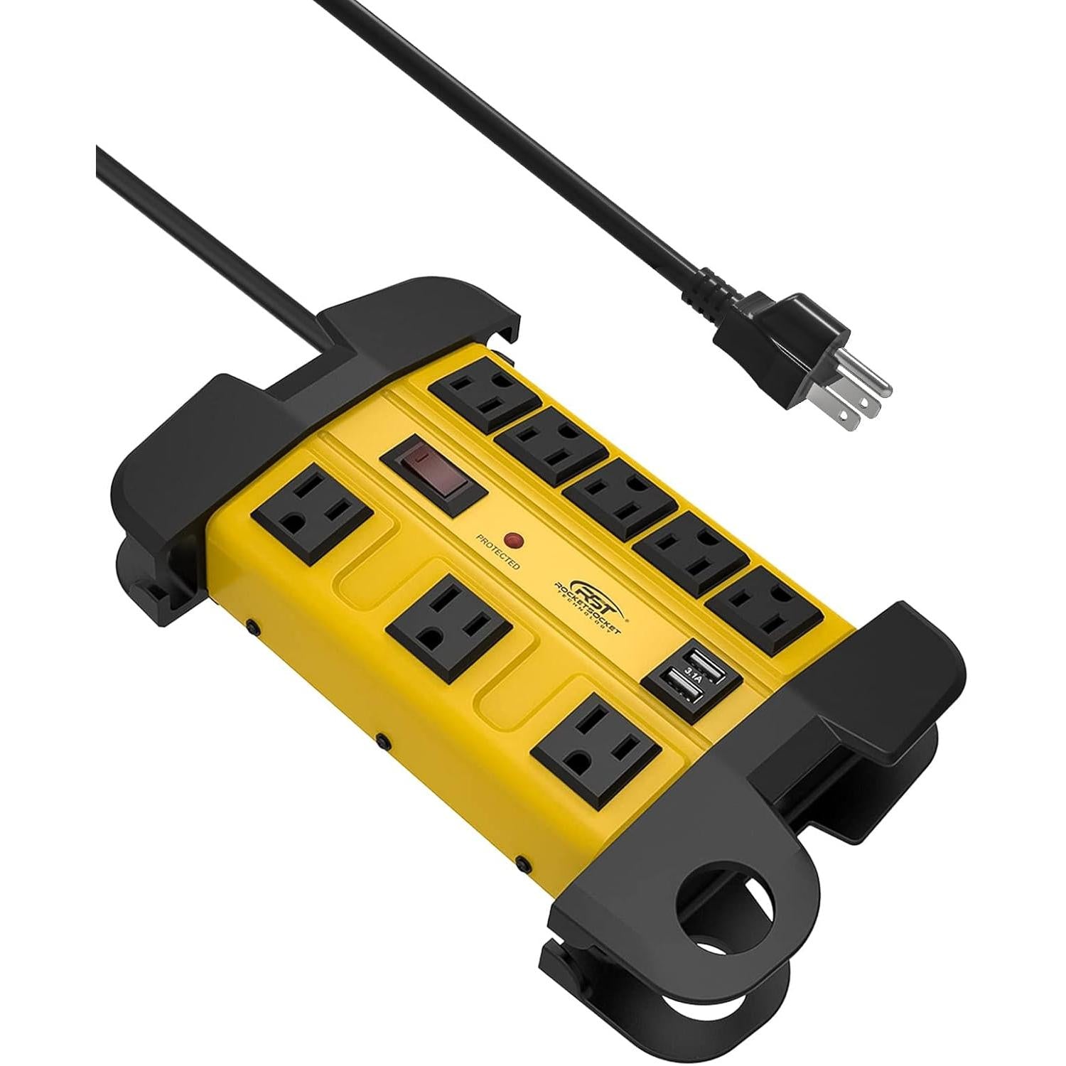 CRST 8 Outlets Dural USB Mountable Metal Power Strip Surge Protector with Cord Wrapping Design, Optional 15FT or 6FT Power Cord-Surge protector Power strip-Grease Monkey Garage