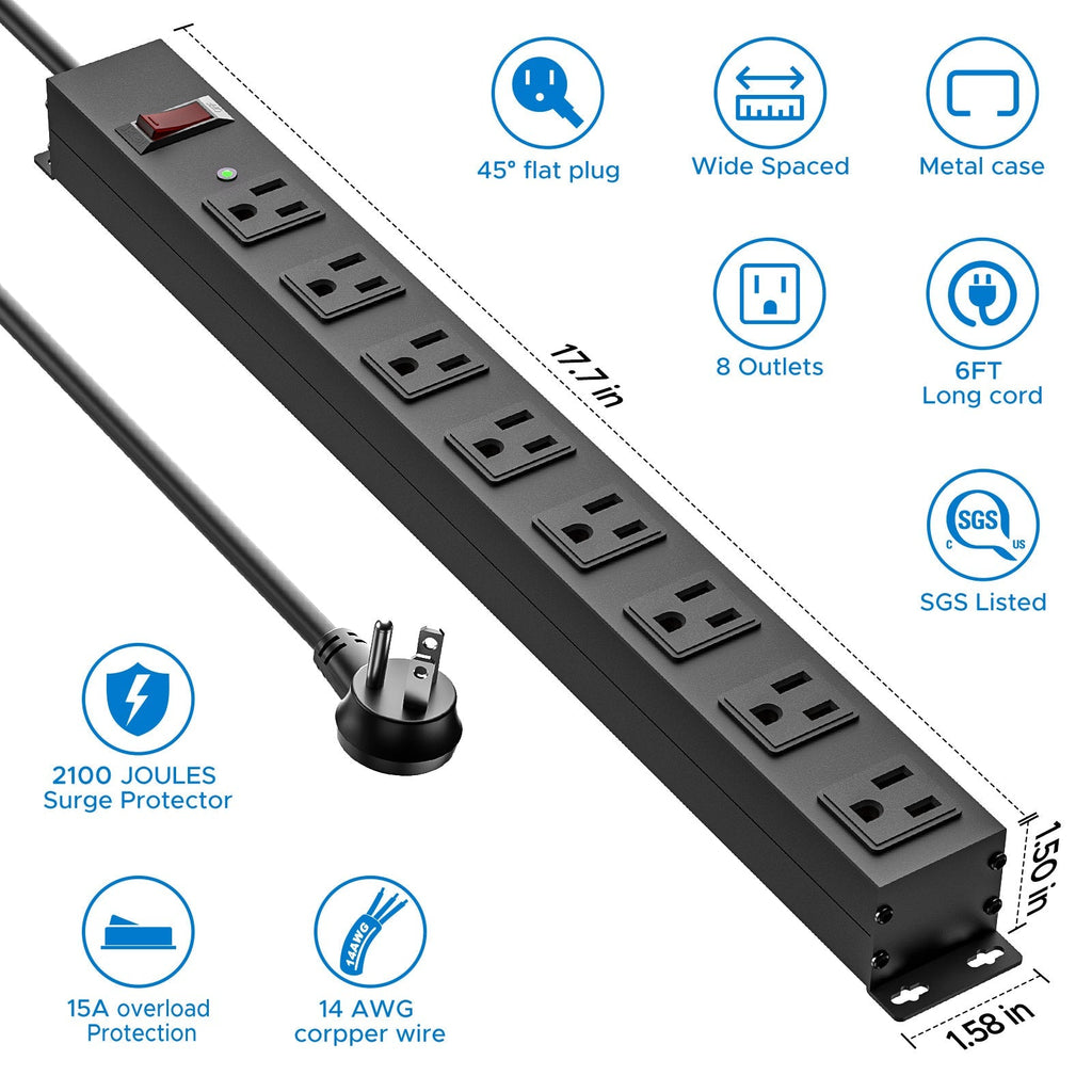 CRST 8 Outlets Wide Spaced Mountable Metal Power Strip Surge Protector, 6FT Flat Plug Power Cord, Mounting Kits Included-Surge protector Power strip-Grease Monkey Garage