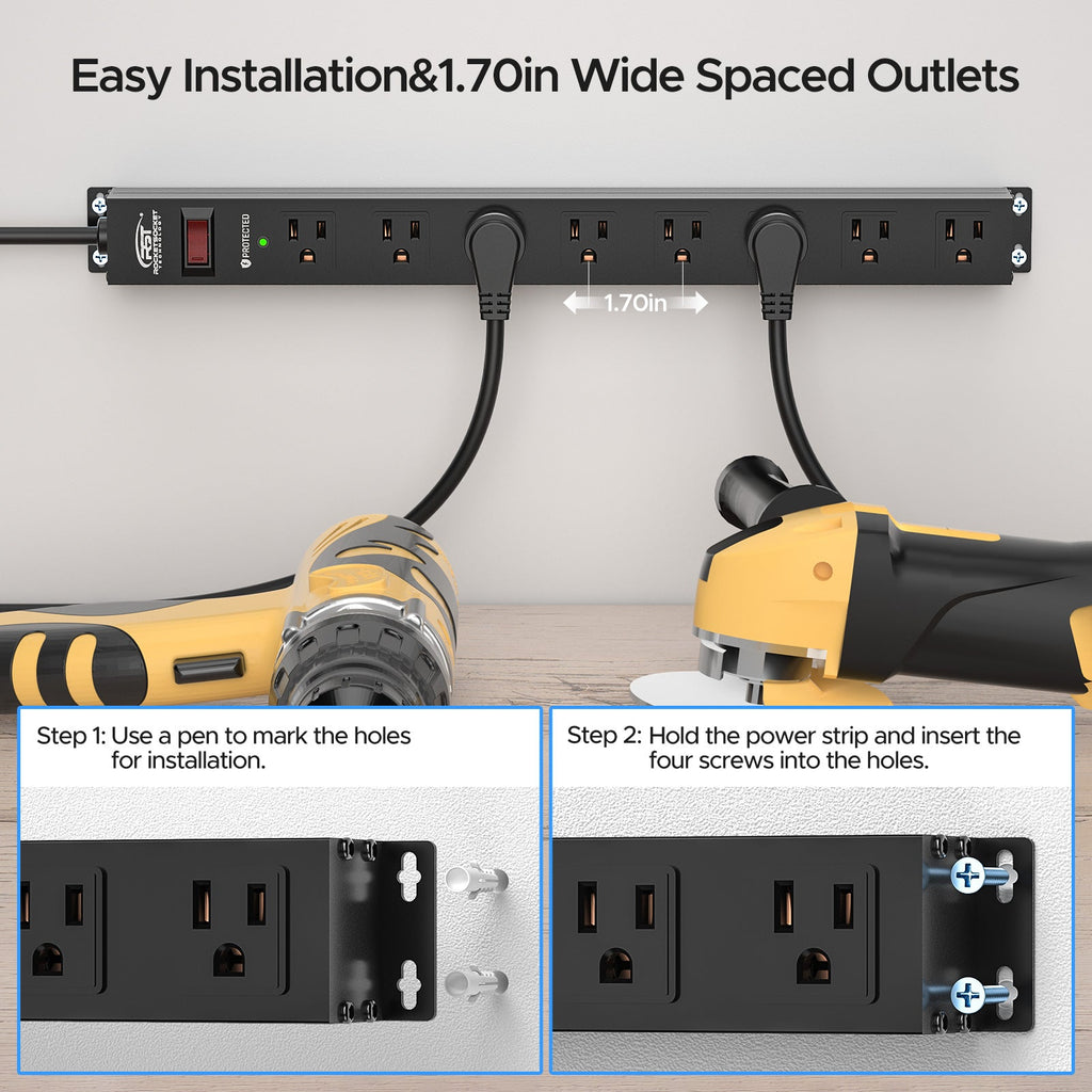 CRST 8 Outlets Wide Spaced Mountable Metal Power Strip Surge Protector, 6FT Flat Plug Power Cord, Mounting Kits Included-Surge protector Power strip-Grease Monkey Garage
