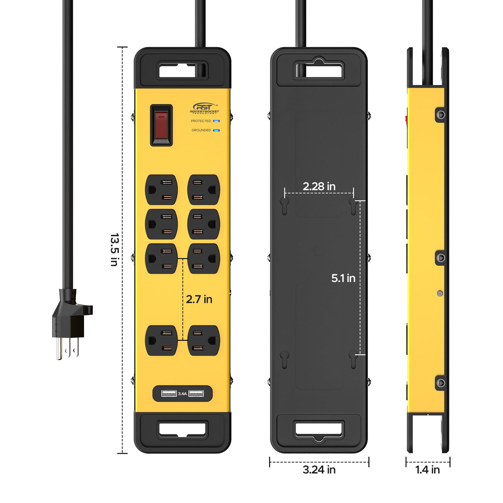 CRST Wide Spaced 8 Outlets Dural USB Mountable Metal Power Strip Surge Protector, 15FT Power Cord-surge protector power strip-Grease Monkey Garage