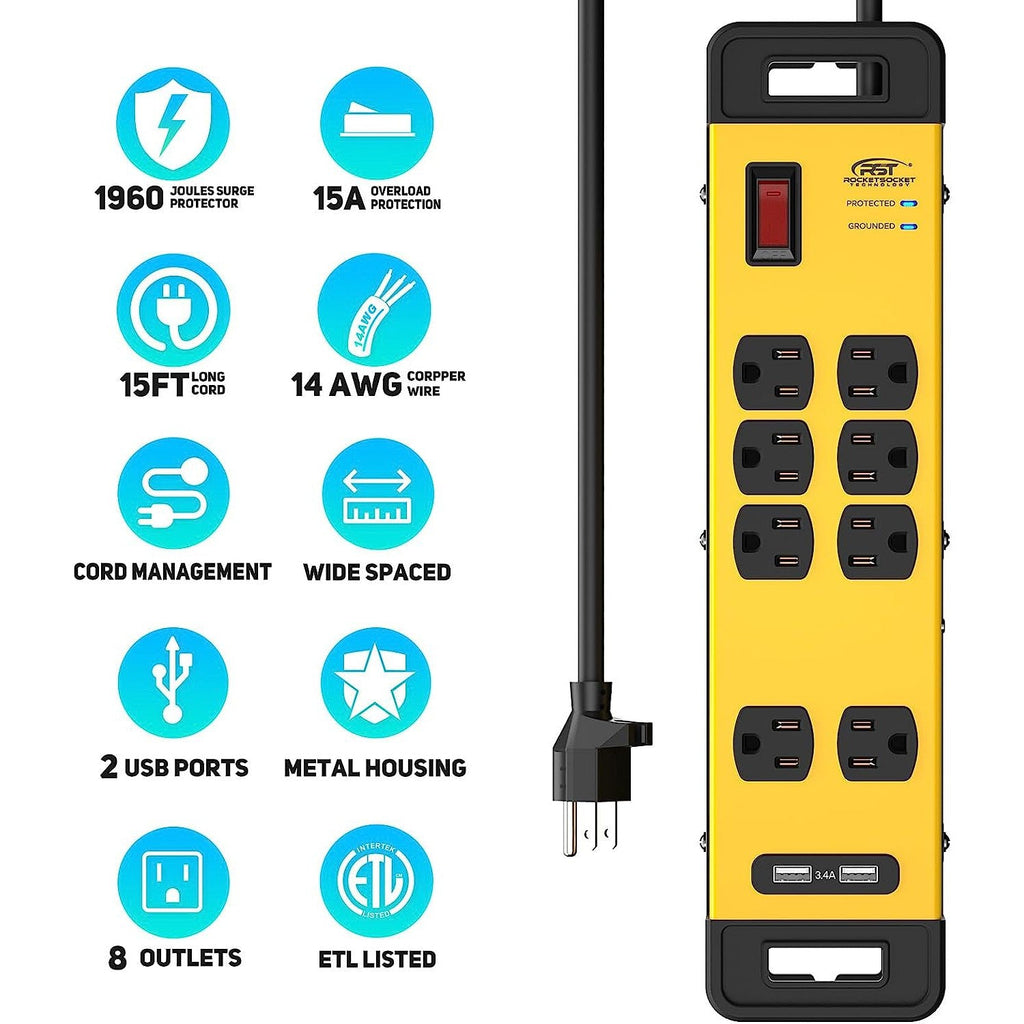 CRST Wide Spaced 8 Outlets Dural USB Mountable Metal Power Strip Surge Protector, 15FT Power Cord-surge protector power strip-Grease Monkey Garage