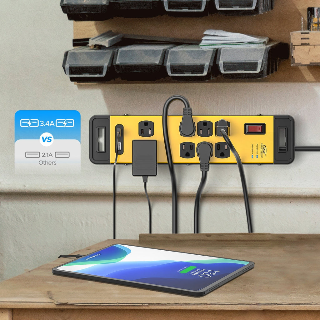 CRST Wide Spaced 8 Outlets Dural USB Mountable Metal Power Strip Surge Protector, 15FT Power Cord-surge protector power strip-Grease Monkey Garage