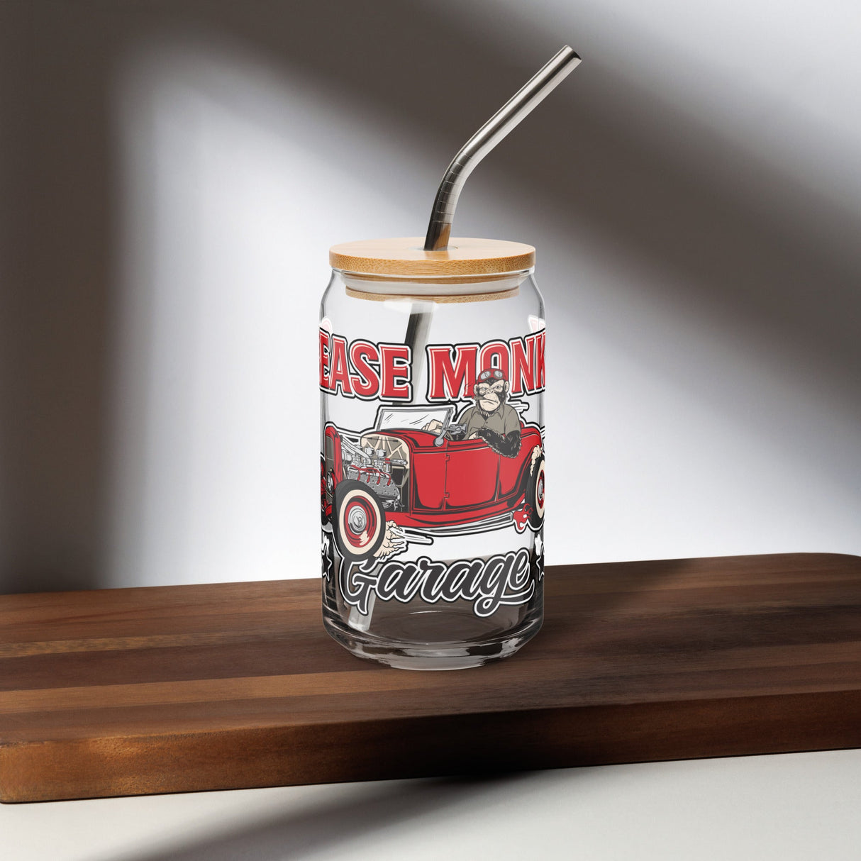 Can-shaped glass-Grease Monkey Garage