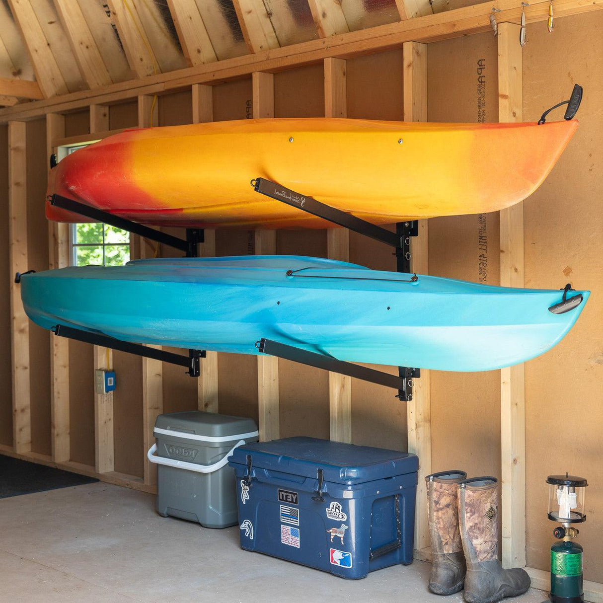 Champlain Kayak Storage | Indoor Adjustable Rack | 2 Levels-Wall Mounted-Grease Monkey Garage
