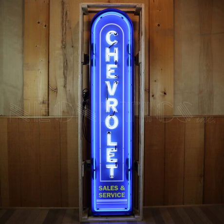 Chevrolet Vertical Neon Sign in Steel Can (72")-Neon Signs-Grease Monkey Garage
