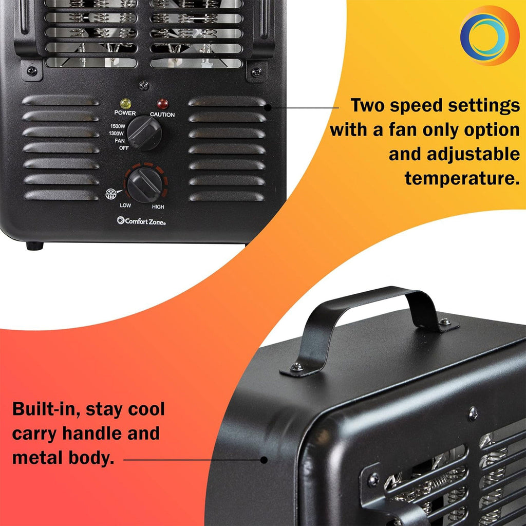 Comfort Zone 1500W Electric 3 Heat Utility Heater w/Adjustable Thermostat, Black-*Home&Garden | Household Appliances | Climate Control Appliances | Space Heaters-Grease Monkey Garage