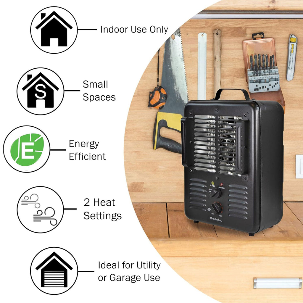 Comfort Zone 1500W Electric 3 Heat Utility Heater w/Adjustable Thermostat, Black-*Home&Garden | Household Appliances | Climate Control Appliances | Space Heaters-Grease Monkey Garage