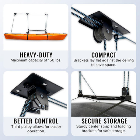 Elite Kayak Garage Ceiling Storage Hoist | Holds up to 150 lbs-Ceiling-Grease Monkey Garage