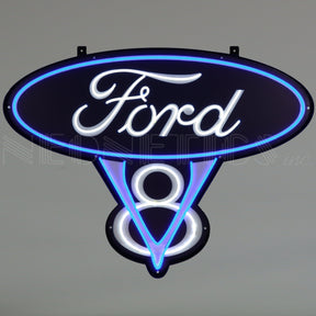 Ford V8 LED Flex-Neon Sign in Steel Can-Grease Monkey Garage