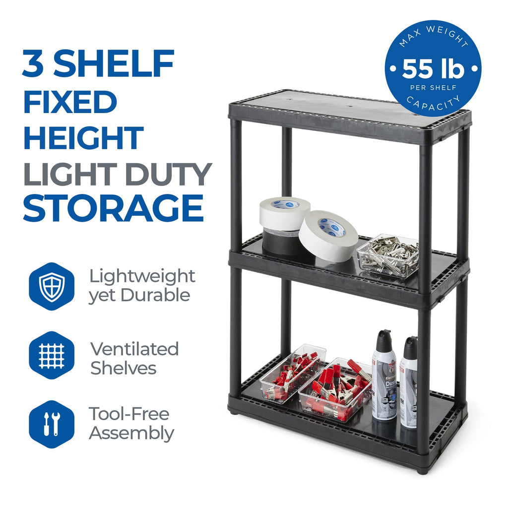 Gracious Living 3 Shelf Fixed Height Solid Light Duty Home Storage Unit, Black-*Furniture | Shelving | Bookcases & Standing Shelves-Grease Monkey Garage