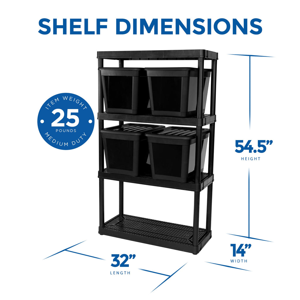 Gracious Living 4 Shelf Ventilated Garage Shelving Kit with 4 Bins & Lids, Black-*Home&Garden | Household Supplies | Storage & Organization-Grease Monkey Garage