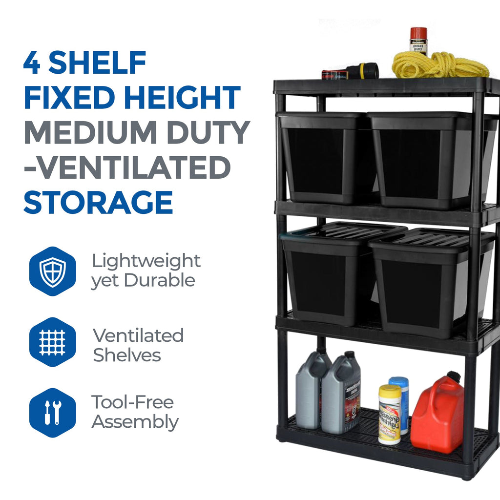 Gracious Living 4 Shelf Ventilated Garage Shelving Kit with 4 Bins & Lids, Black-*Home&Garden | Household Supplies | Storage & Organization-Grease Monkey Garage
