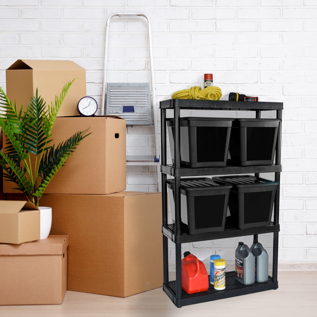 Gracious Living 4 Shelf Ventilated Garage Shelving Kit with 4 Bins & Lids, Black-*Home&Garden | Household Supplies | Storage & Organization-Grease Monkey Garage