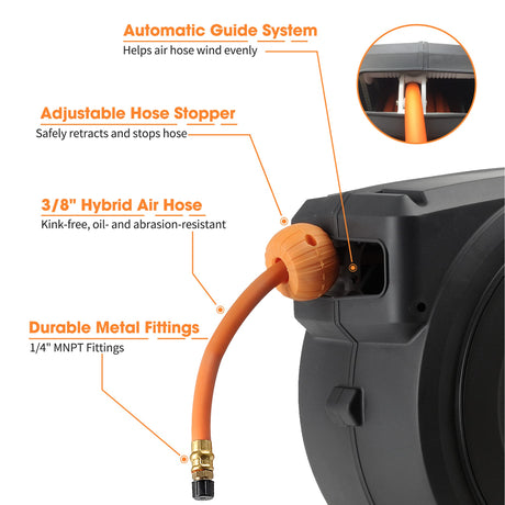 Retractable Air Hose Reel-PP Housing-3/8in-50ft-Retractable Air Hose Reel-Grease Monkey Garage