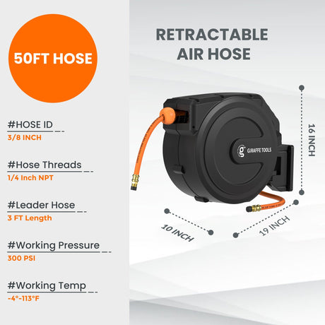 Retractable Air Hose Reel-PP Housing-3/8in-50ft-Retractable Air Hose Reel-Grease Monkey Garage