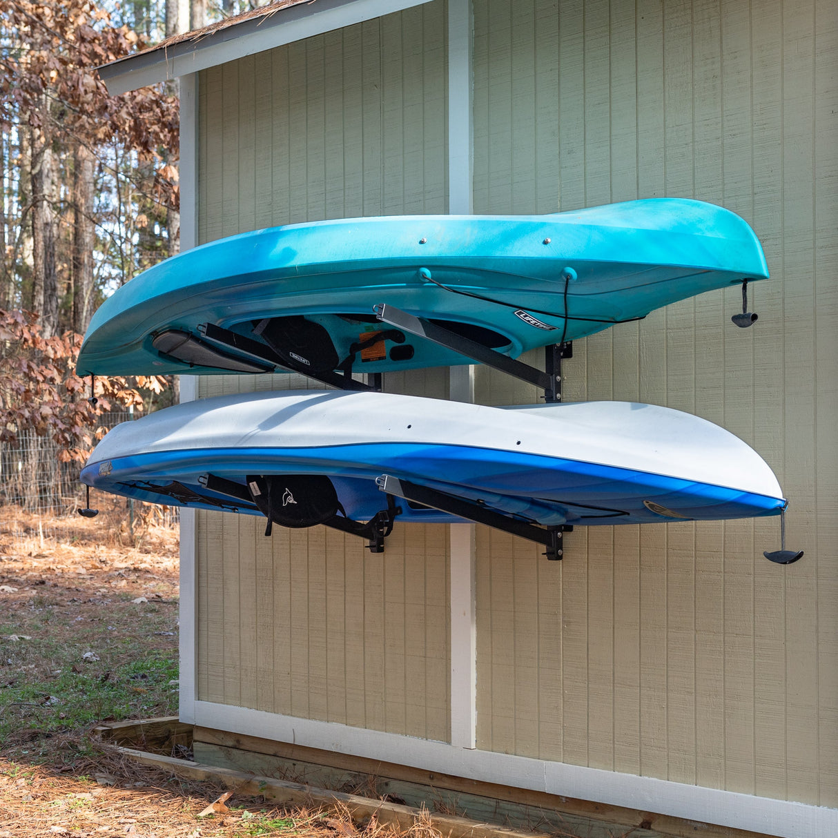 Shenandoah Kayak Storage | Outdoor Adjustable Rack | 2 Levels-Wall Mounted-Grease Monkey Garage