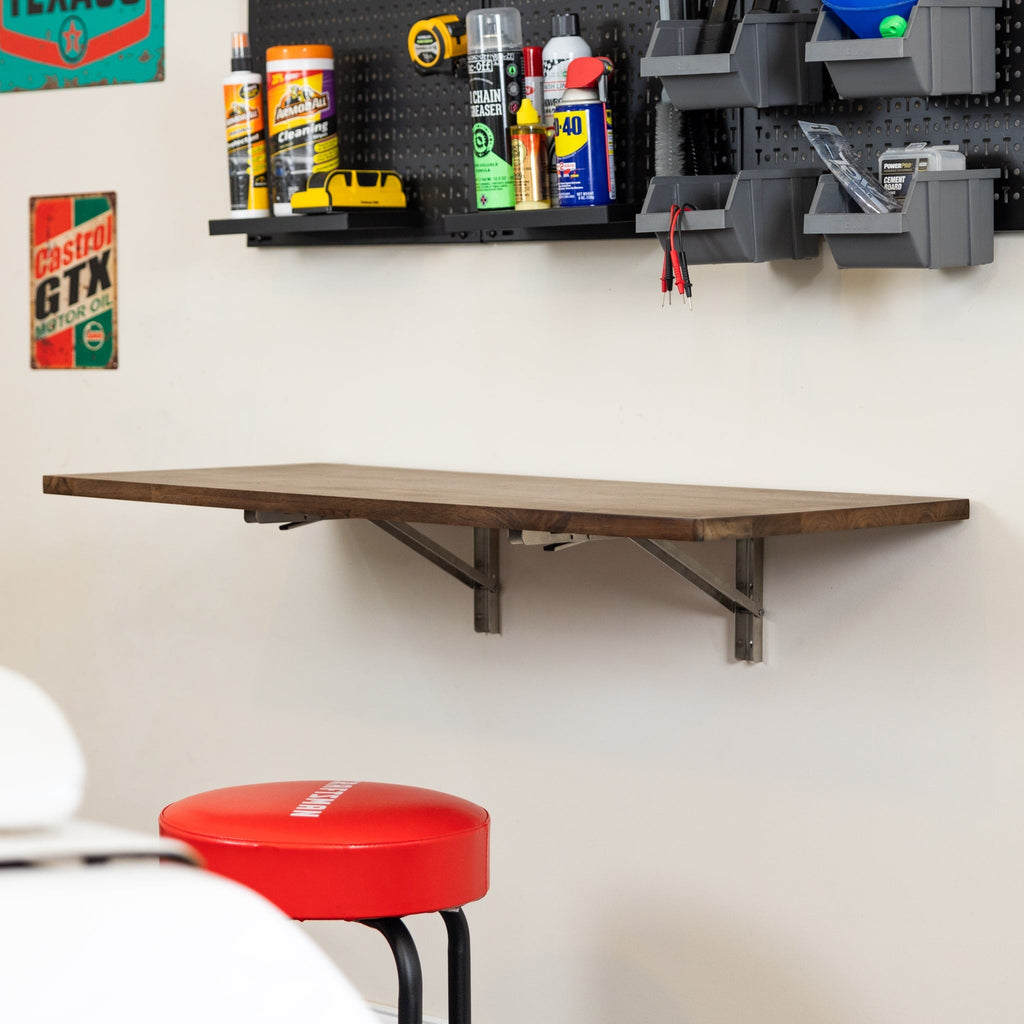 Wakefield Foldable Workbench | Dark Wood Tabletop with Stainless Hardware | Heavy-Duty Table-Wall Mounted-Grease Monkey Garage