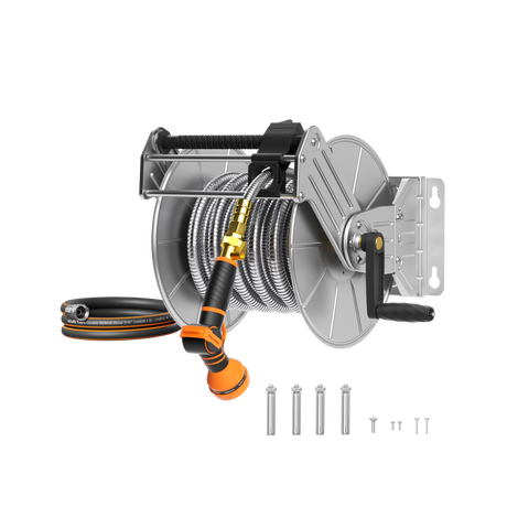 Wall Mounted Hose Reel-Stainless Steel-Manual Crank Garden Hose Reel-Grease Monkey Garage
