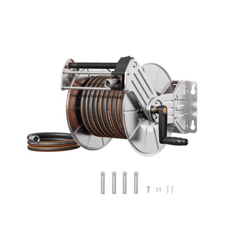 Wall Mounted Hose Reel-Stainless Steel-Manual Crank Garden Hose Reel-Grease Monkey Garage