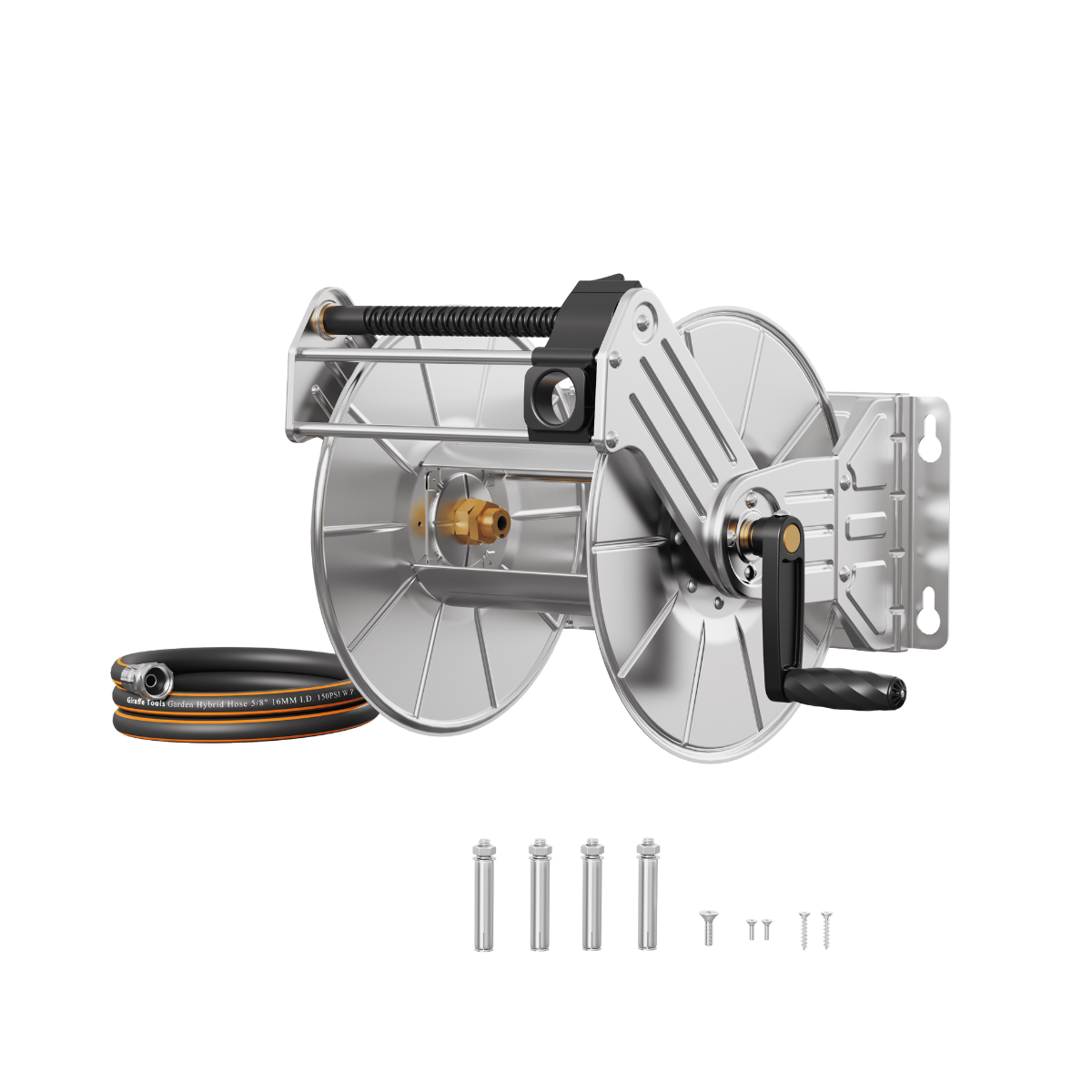 Wall Mounted Hose Reel-Stainless Steel-Manual Crank Garden Hose Reel-Grease Monkey Garage
