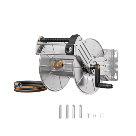 Wall Mounted Hose Reel-Stainless Steel-Manual Crank Garden Hose Reel-Grease Monkey Garage