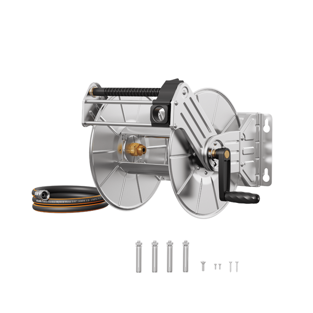 Wall Mounted Hose Reel-Stainless Steel-Manual Crank Garden Hose Reel-Grease Monkey Garage