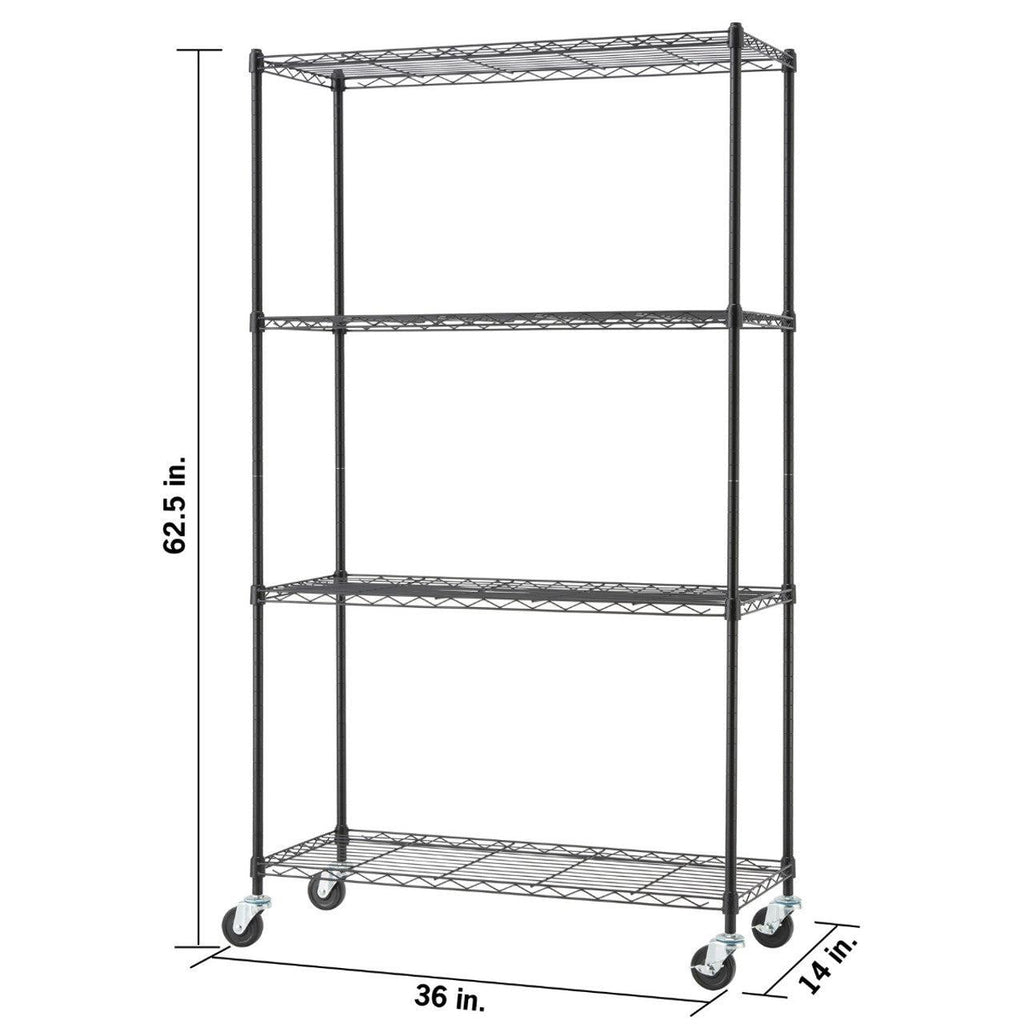 4-Tier Wire Shelving 36"x14"x62.5" with Wheels - Black-Grease Monkey Garage