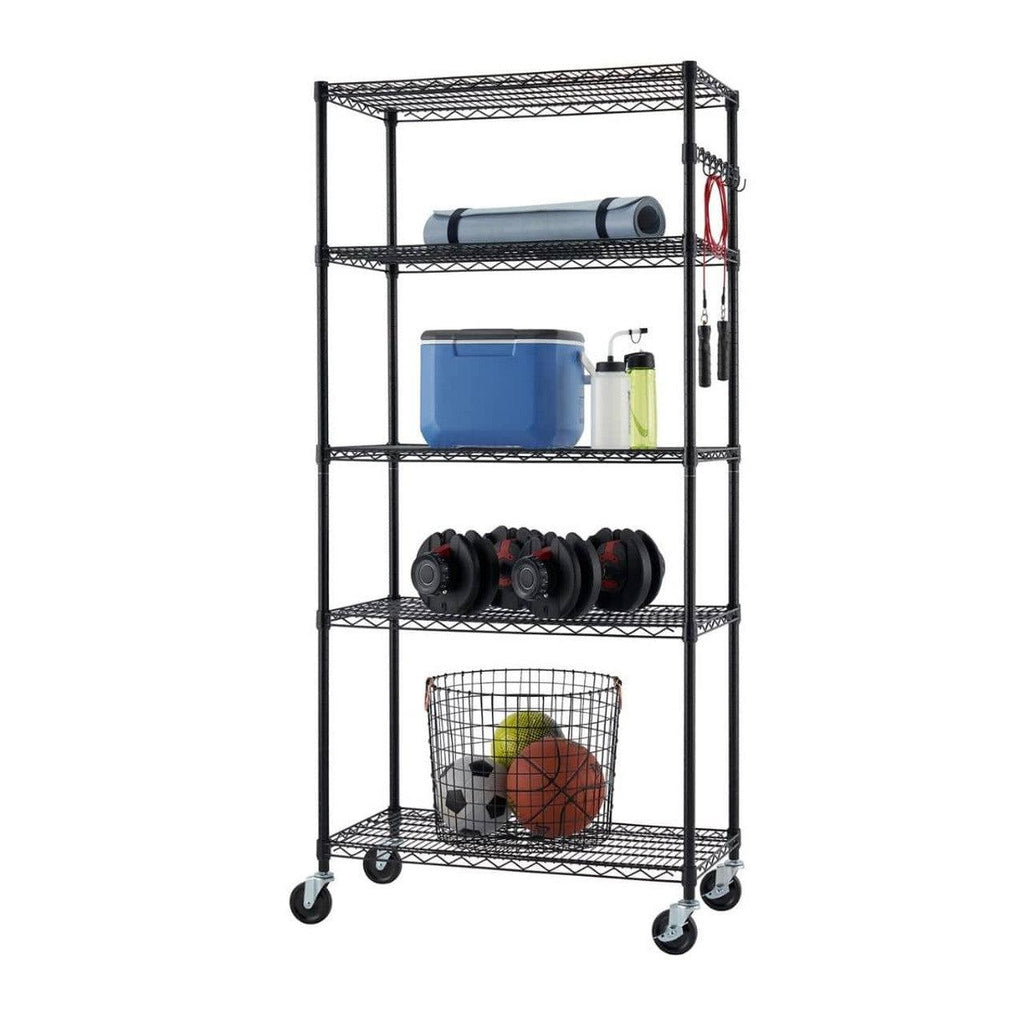 5-Tier Commercial Grade Wire Shelving 36"x18"x72" with Sidebar & Wheels - Black-Grease Monkey Garage