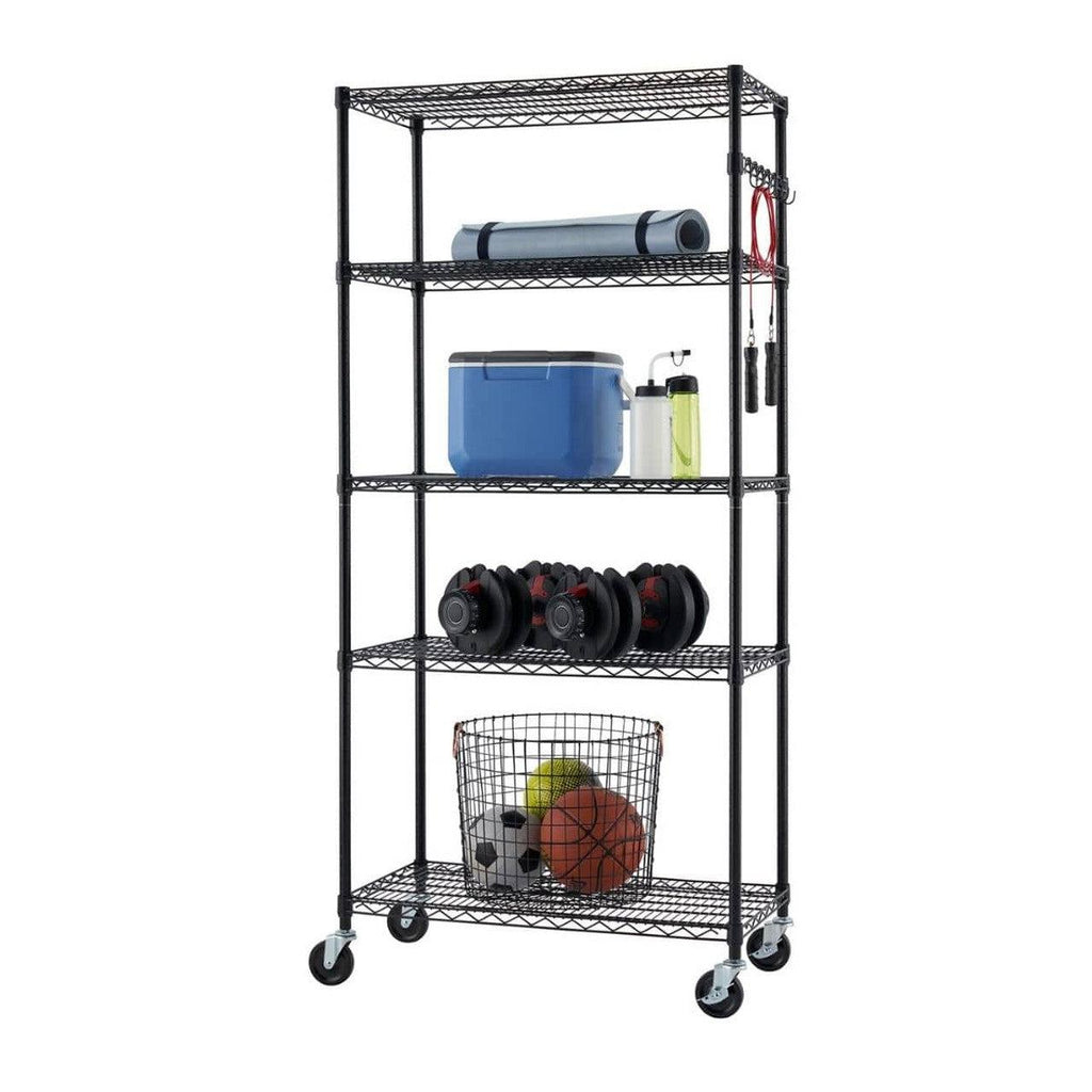 5-Tier Commercial Grade Wire Shelving 36"x18"x72" with Sidebar & Wheels - Black-Grease Monkey Garage