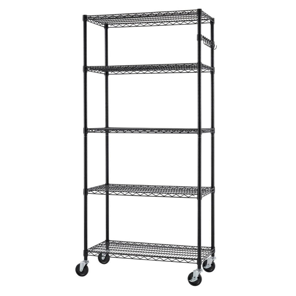 5-Tier Commercial Grade Wire Shelving 36"x18"x72" with Sidebar & Wheels - Black-Grease Monkey Garage