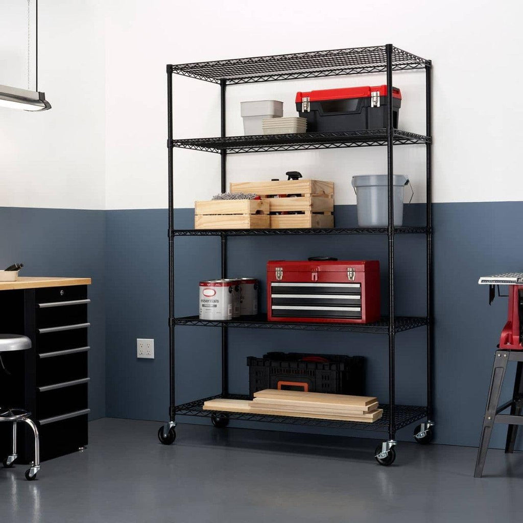 5-Tier Commercial Grade Wire Shelving 48"x24"x72" with Wheels - Black-Grease Monkey Garage