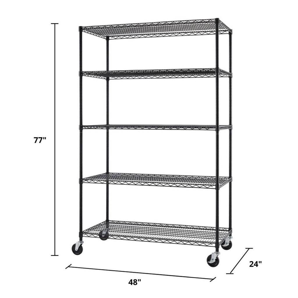 5-Tier Commercial Grade Wire Shelving 48"x24"x72" with Wheels - Black-Grease Monkey Garage
