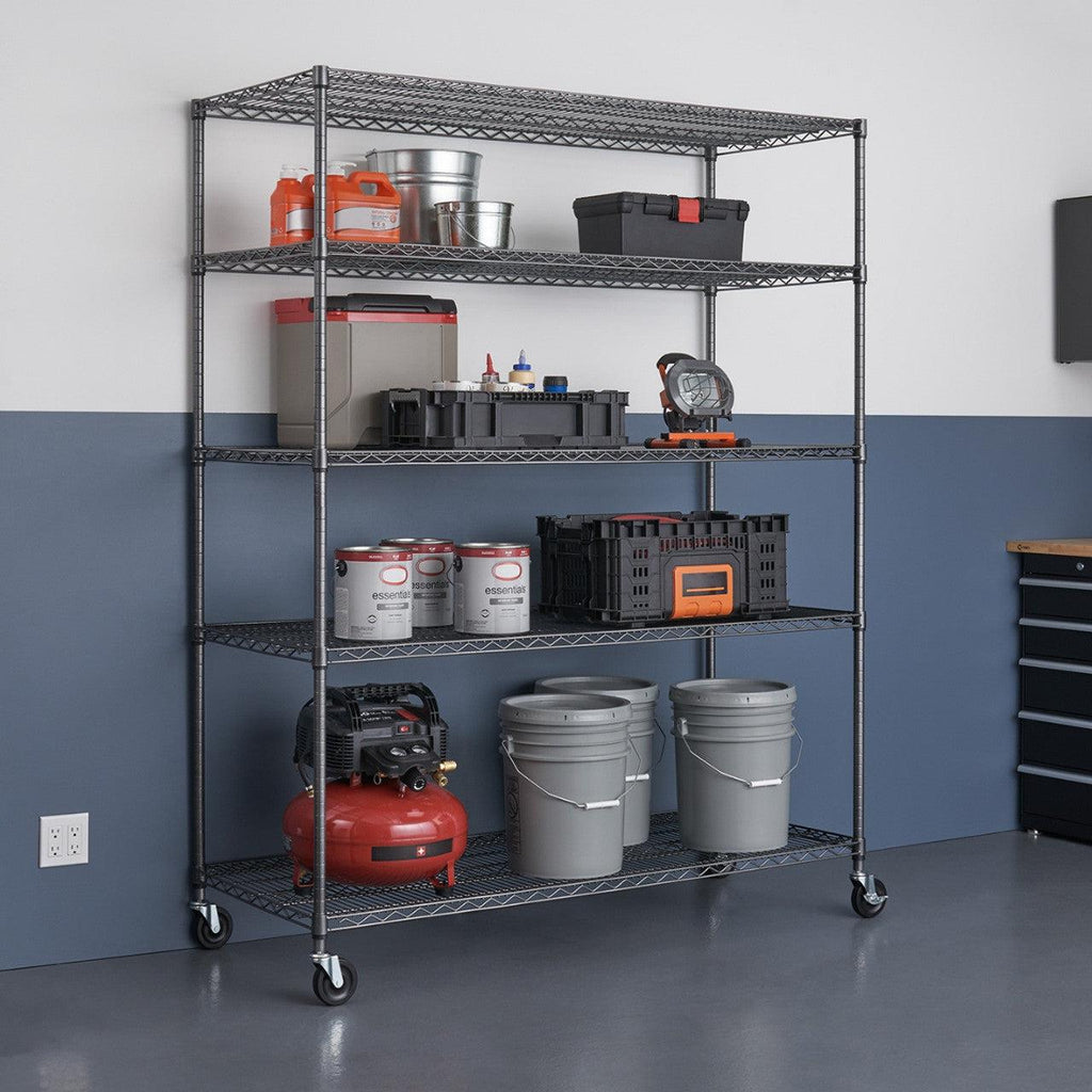 5-Tier Commercial Grade Wire Shelving 60"x24"x72" with Wheels - Black Anthracite-Grease Monkey Garage