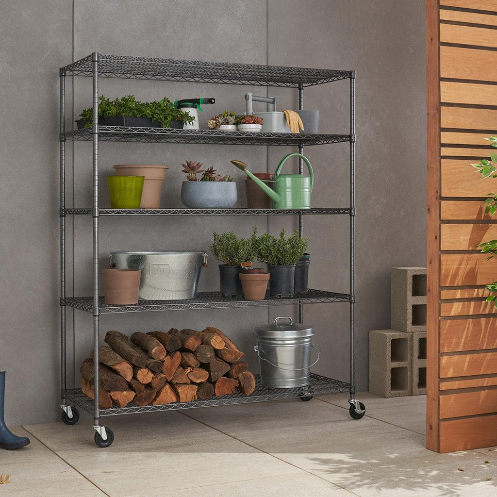 5-Tier Commercial Grade Wire Shelving 60"x24"x72" with Wheels - Black Anthracite-Grease Monkey Garage