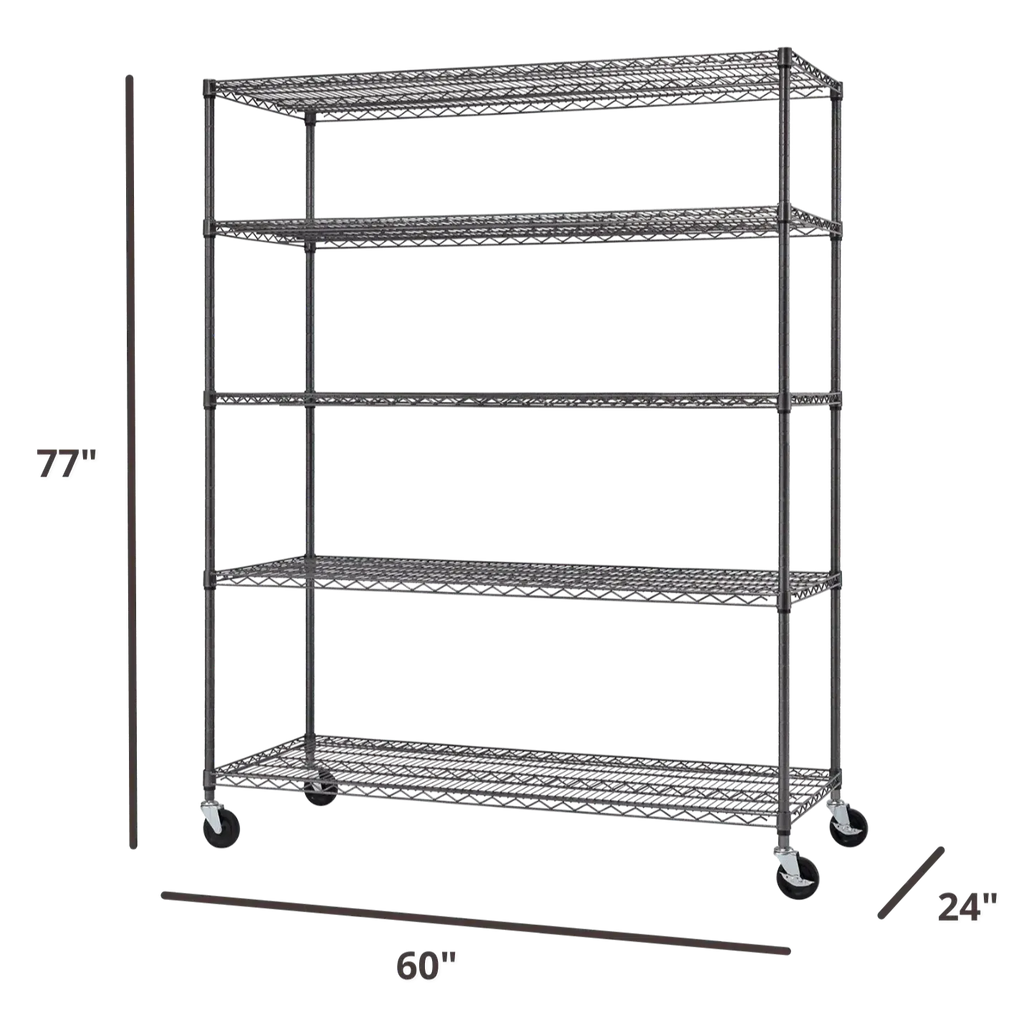 5-Tier Commercial Grade Wire Shelving 60"x24"x72" with Wheels - Black Anthracite-Grease Monkey Garage