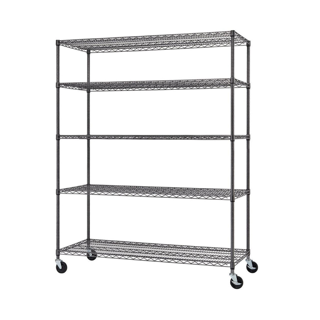 5-Tier Commercial Grade Wire Shelving 60"x24"x72" with Wheels - Black Anthracite-Grease Monkey Garage