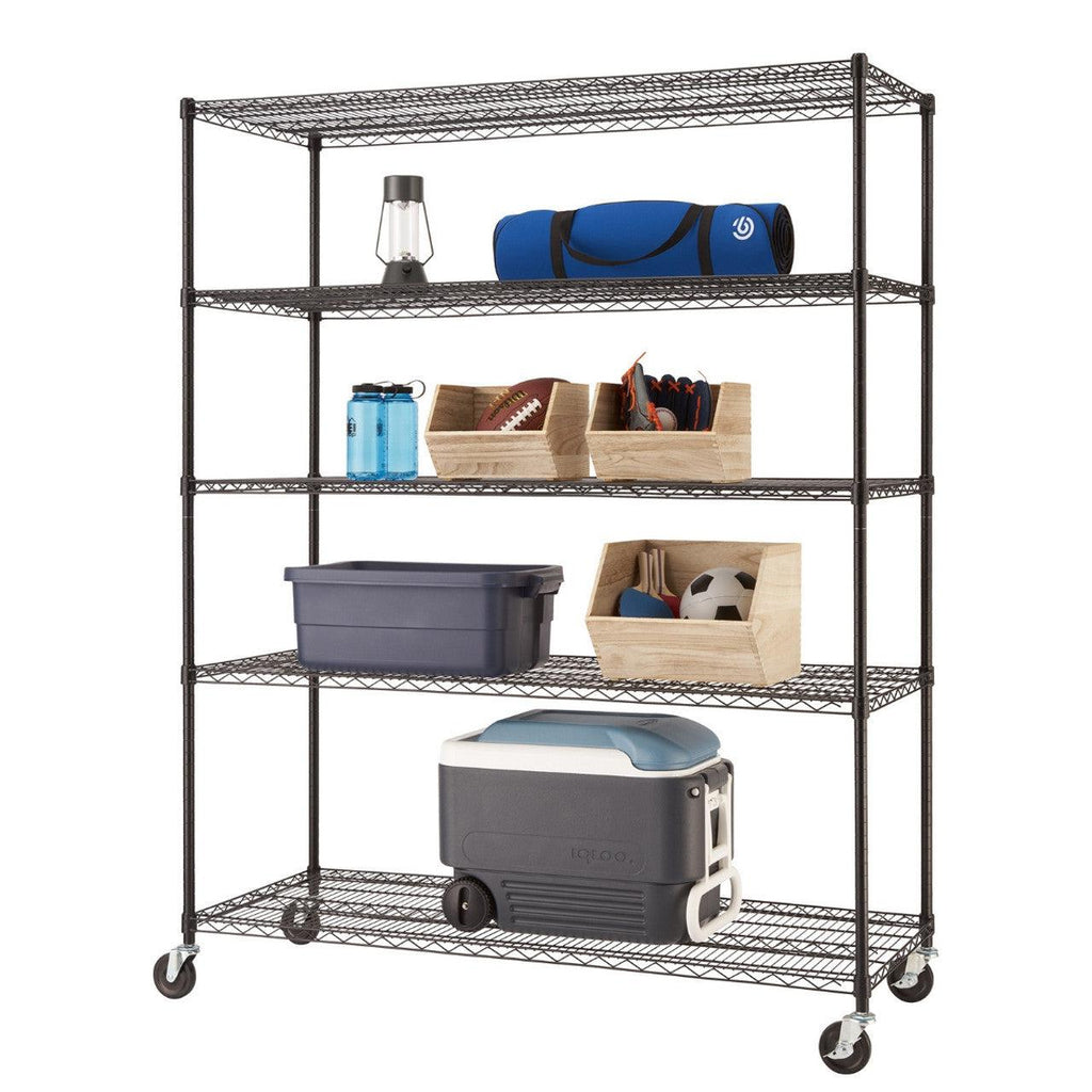 5-Tier Wire Shelving 60"x24"x72" with Wheels - Black-Grease Monkey Garage