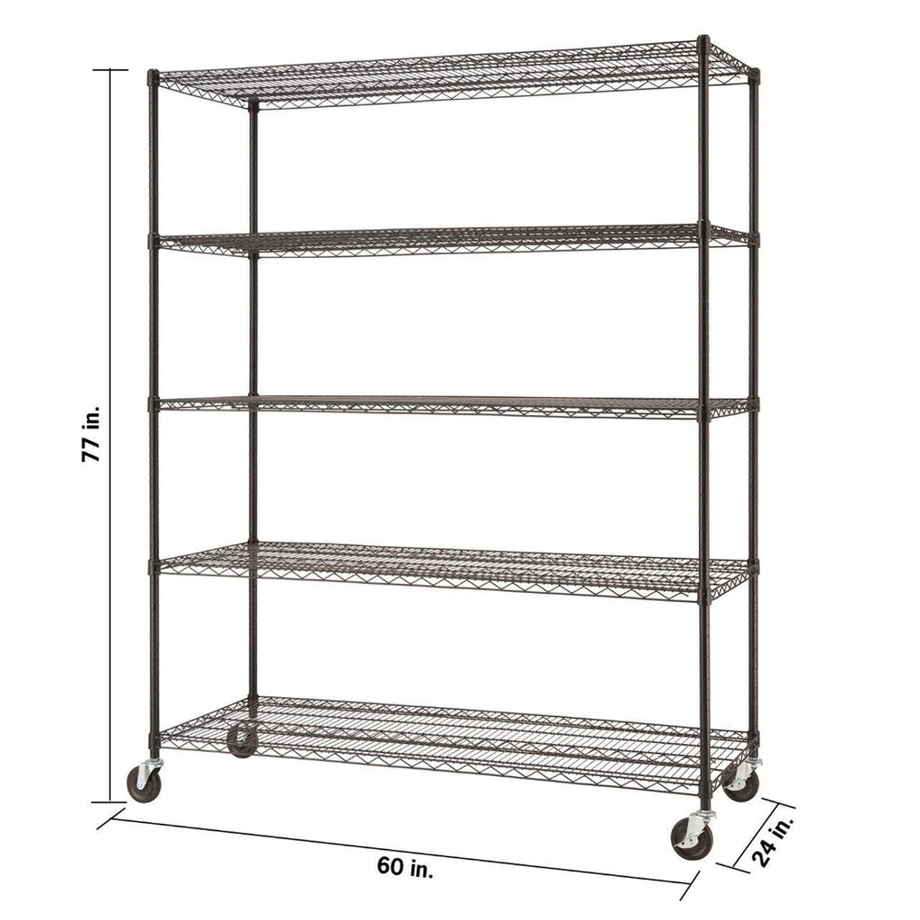 5-Tier Wire Shelving 60"x24"x72" with Wheels - Black-Grease Monkey Garage