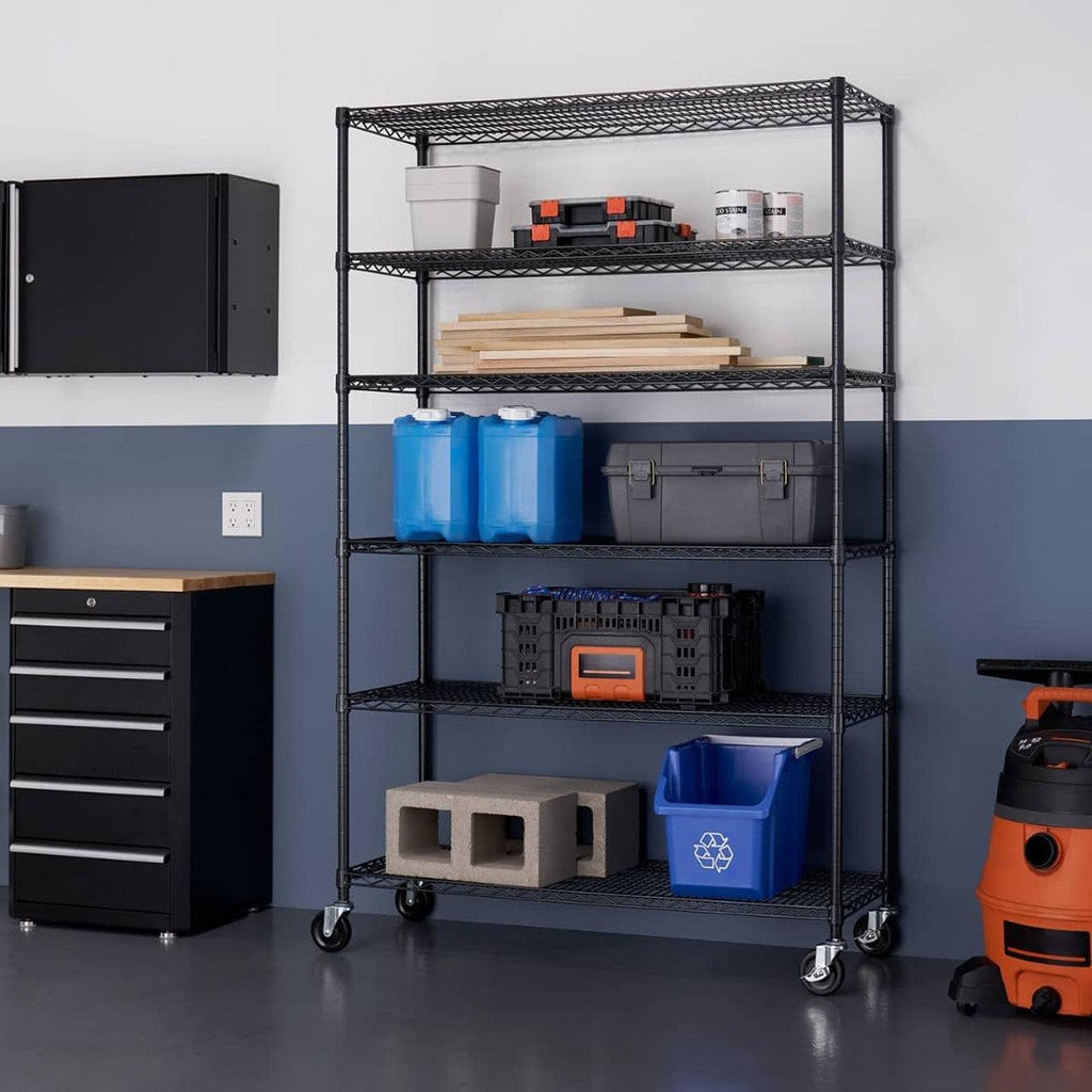 6-Tier Commercial Grade Wire Shelving 48"x18"x72" with Wheels - Black Anthracite-Grease Monkey Garage