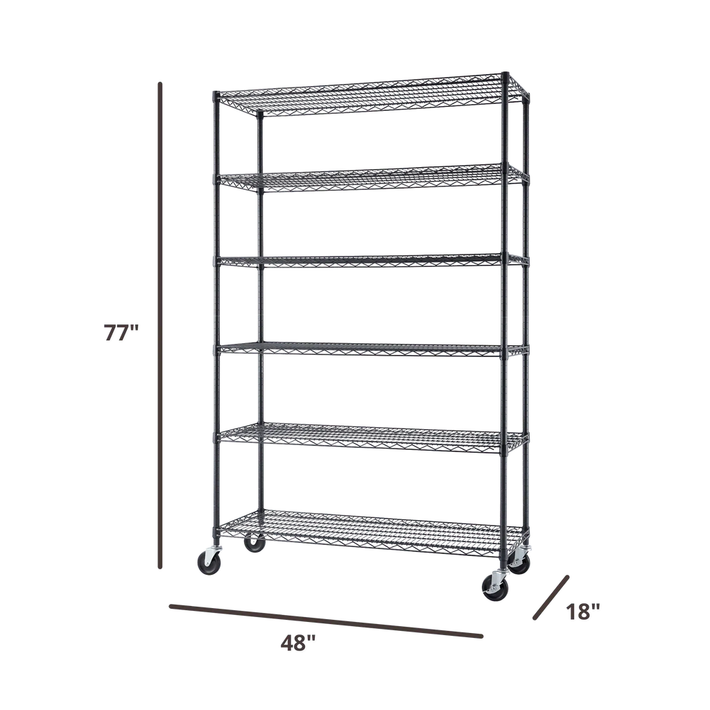 6-Tier Commercial Grade Wire Shelving 48"x18"x72" with Wheels - Black Anthracite-Grease Monkey Garage