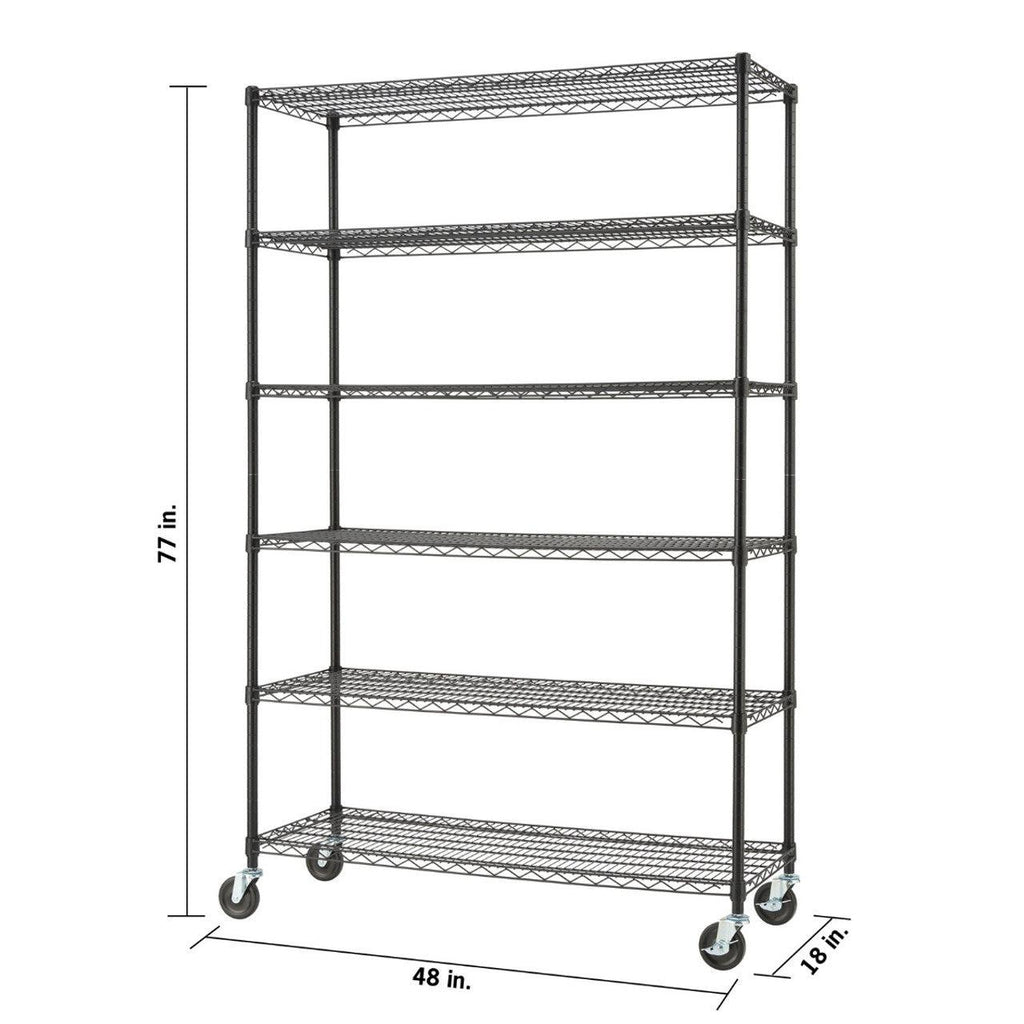 6-Tier Wire Shelving 48"x18"x72" with Wheels - Black-Grease Monkey Garage