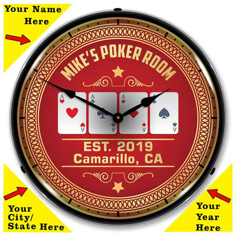 Add Your name Poker Room Backlit LED Clock-LED Clocks-Grease Monkey Garage