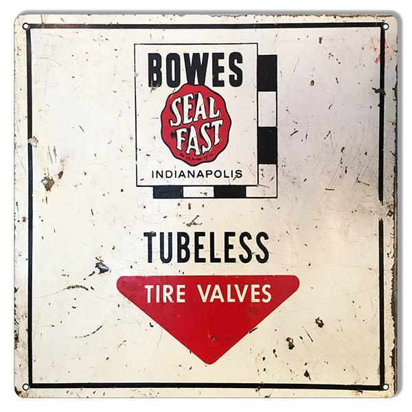 Aged Bowes Tubeless Tire Valves Metal Sign-Metal Signs-Grease Monkey Garage