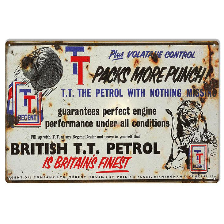 Aged British T.T. Britain’s Finest Motor Oil Metal Sign-Metal Signs-Grease Monkey Garage