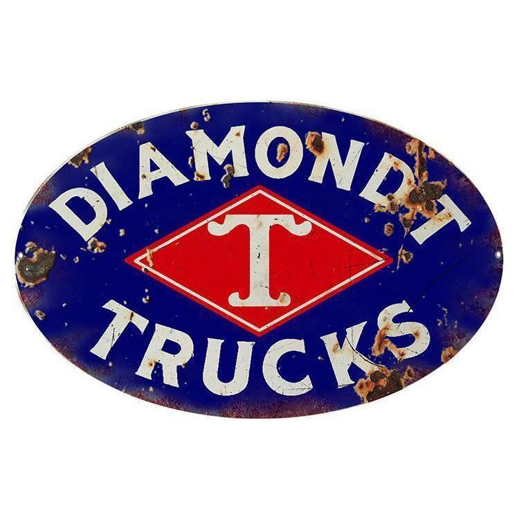 Aged Diamond T Trucks Oval Metal Sign-Metal Signs-Grease Monkey Garage