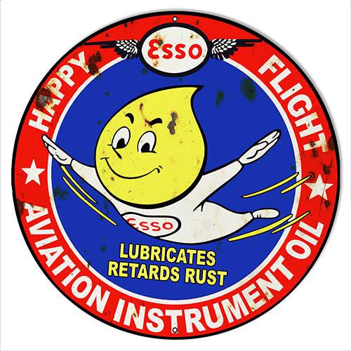 Aged Esso Aviation Instrument Oil Happy the Oil Drop Man Metal Sign-Metal Signs-Grease Monkey Garage