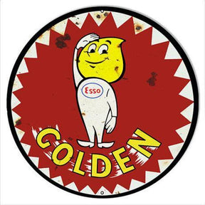 Aged Esso Golden Gasoline Happy the Oil Drop Man Metal Sign-Metal Signs-Grease Monkey Garage