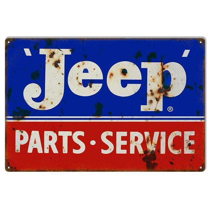 Aged Jeep Parts & Service Metal Sign-Metal Signs-Grease Monkey Garage