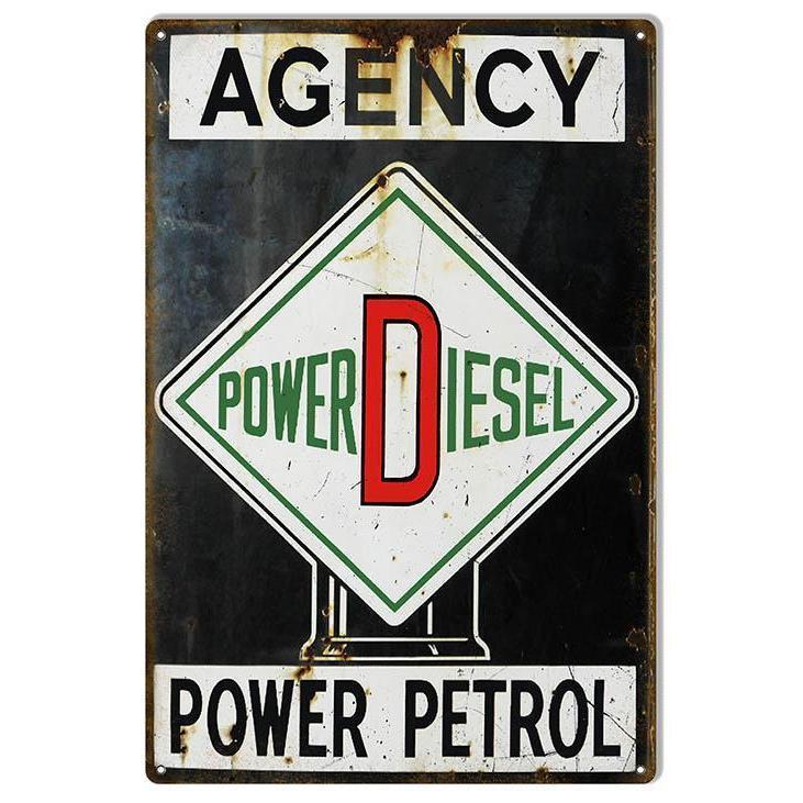 Aged Power Diesel Agency Metal Sign-Metal Signs-Grease Monkey Garage