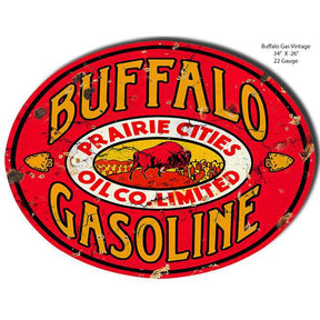 Aged Prairie Cities Buffalo Gasoline Oval Metal Sign-Metal Signs-Grease Monkey Garage